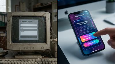 Geteilter Screen. Links: Ein verstaubtes, graues Kontaktformular auf einem alten Monitor, Spinnweben, langweilig. Rechts: Ein modernes, leuchtendes Smartphone mit einem bunten, interaktiven Quiz-Interface ("Projekt Funnel"), Finger tippt auf eine Option. Dynamisch, hell, futuristisch. style: photorealistic, cinematic lighting, highly detailed, 8k resolution, depth of field