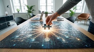Ein großes, fast fertiges Puzzle. Eine Hand setzt das letzte, leuchtende Puzzleteil in die Mitte ein. Es symbolisiert die perfekte Verbindung und Vollendung. style: editorial photography, modern office context, minimal design, authentic lighting, 4k